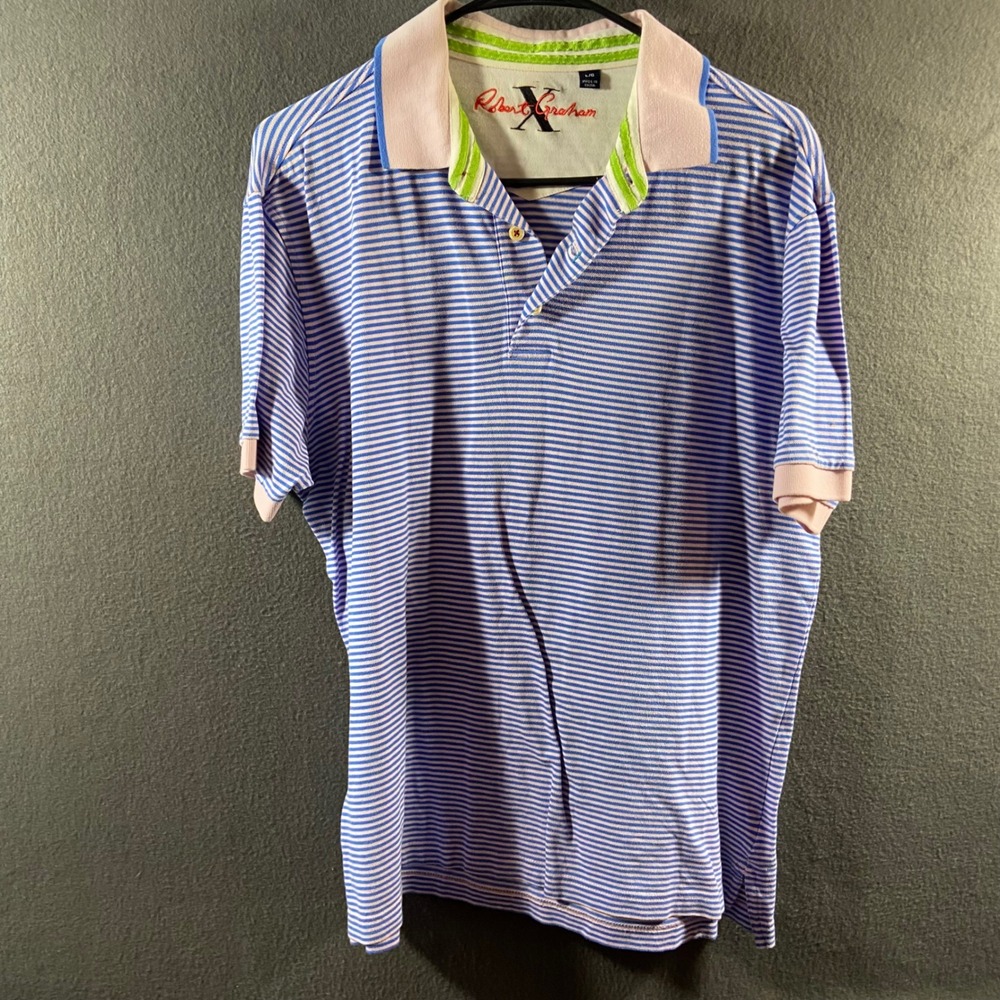 Robert Graham Polo Shirt Striped Short Sleeve Blue Pink Large golf preppy